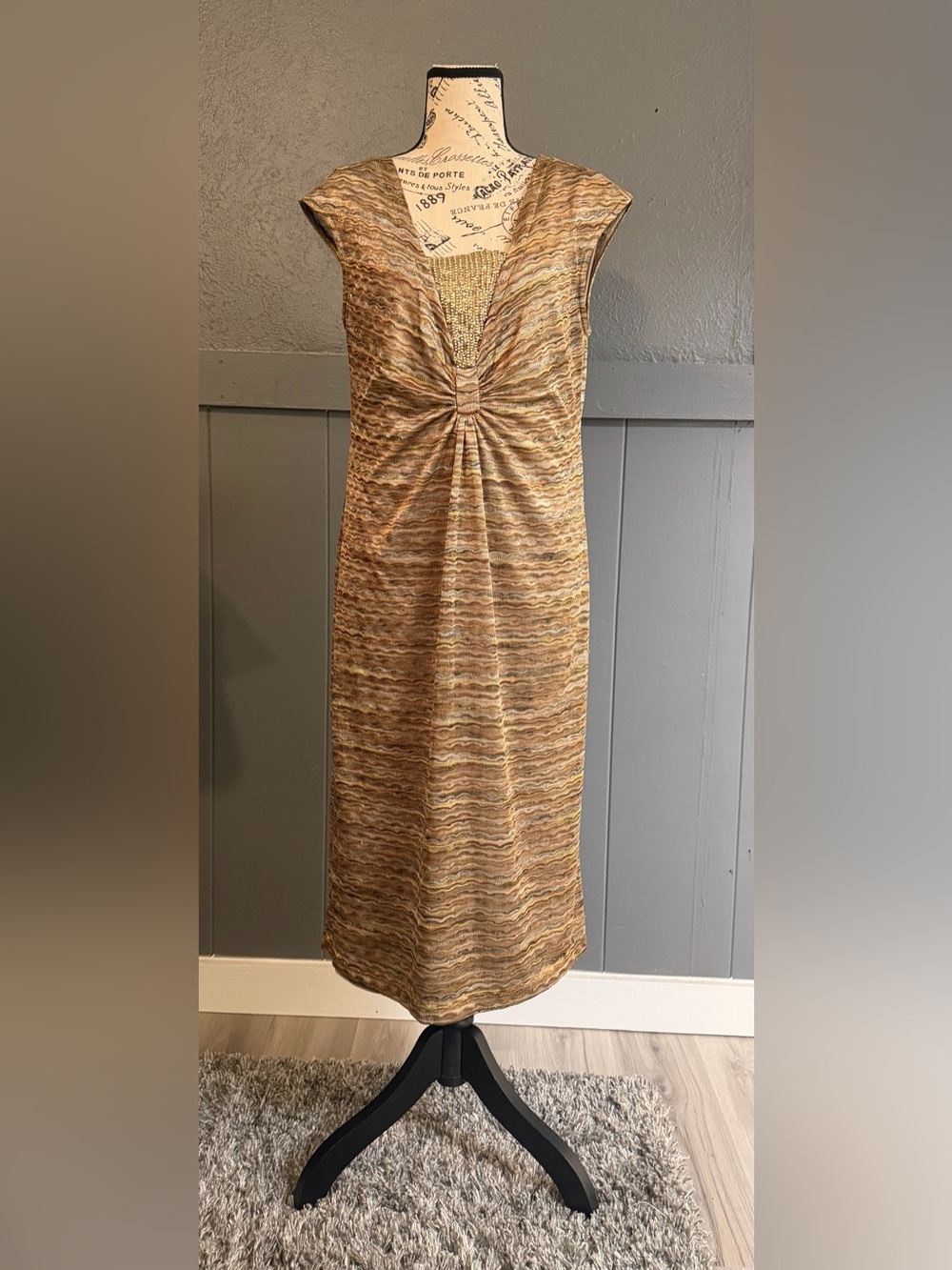 Sleeveless Bronze-Tone Twist Front Midi Dress